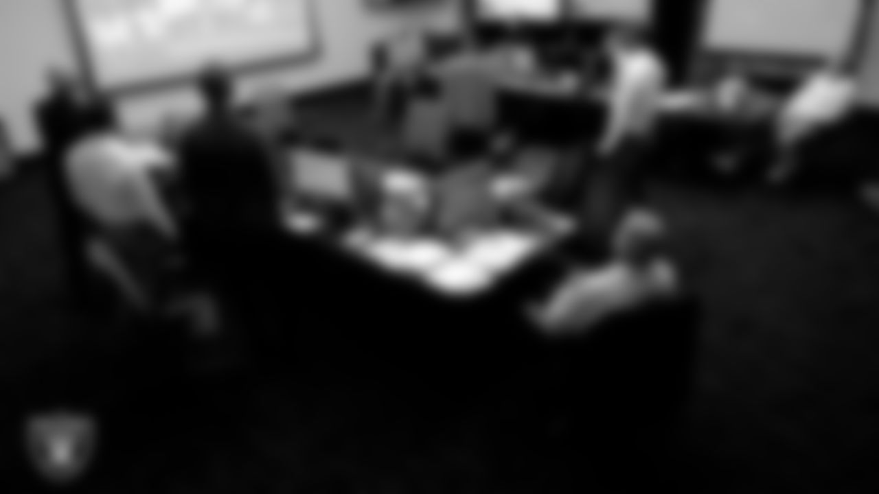 A view of the Las Vegas Raiders draft room as they select Alabama offensive lineman Alex Leatherwood with the 17th pick during the first round of the 2021 NFL Draft.