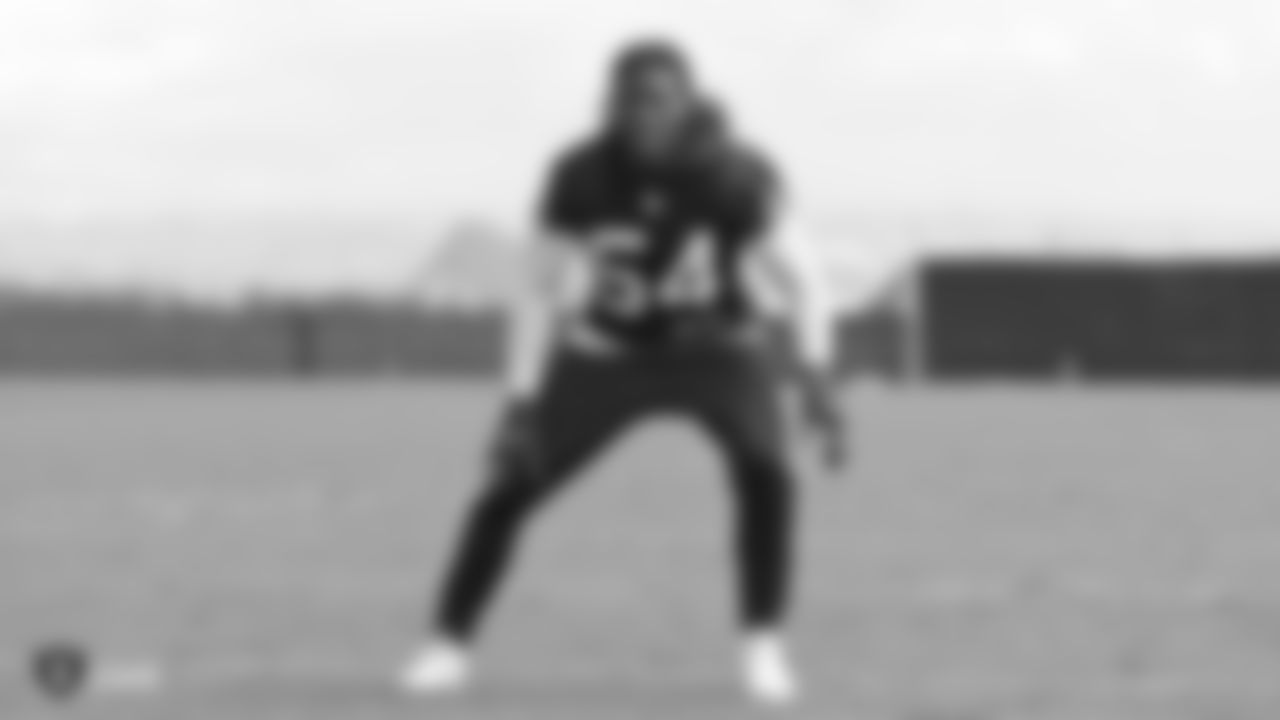 Oakland Raiders linebacker Emmanuel Lamur (54) on the field for practice at the Oakland Raiders Practice Facility, Wednesday, October 3, 2018, in Alameda, California.