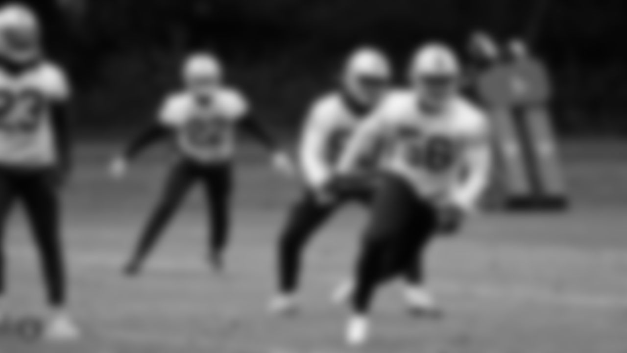 Raiders linebacker Justin Phillips (56) on the field for practice at The Grove Hotel.
