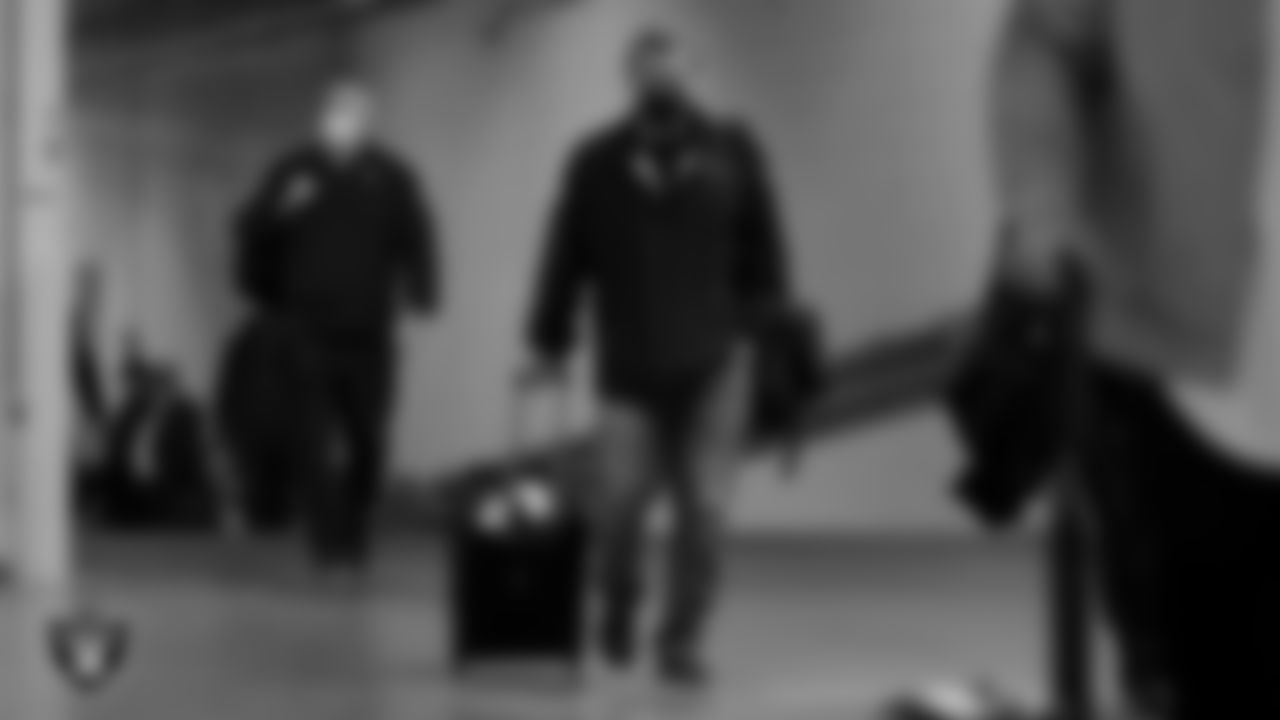 Las Vegas Raiders offensive coordinator Greg Olson arrives to the regular season away game against the Indianapolis Colts.
