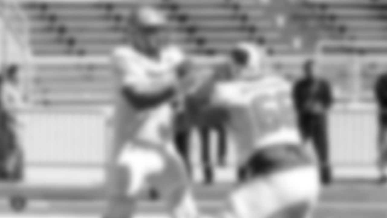 Boston College offensive lineman Chris Lindstorm (75) and Wisconsin offensive lineman Beau Benzschawel (66) on Day 3 of the 2019 Senior Bowl at Ladd-Peebles Stadium, Thursday, January 24, 2019, in Mobile, Alabama.