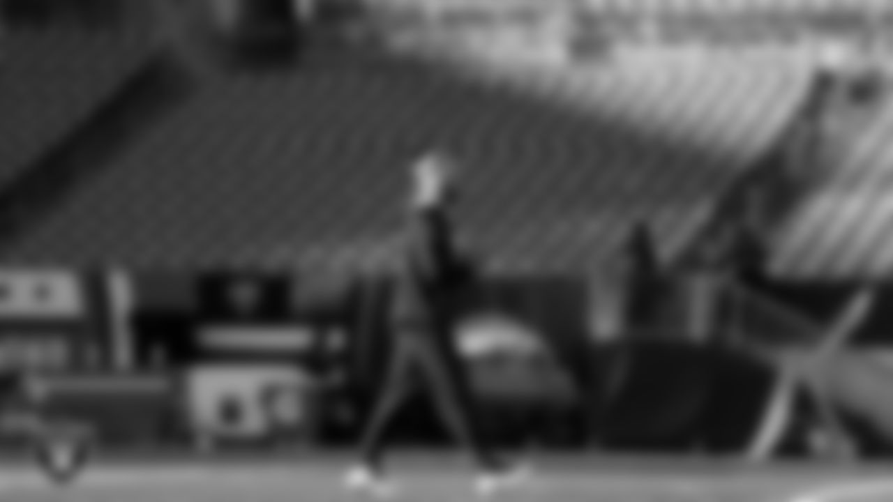 Las Vegas Raiders quarterback Nathan Peterman (3) warming up before the regular season away game against the Cleveland Browns.