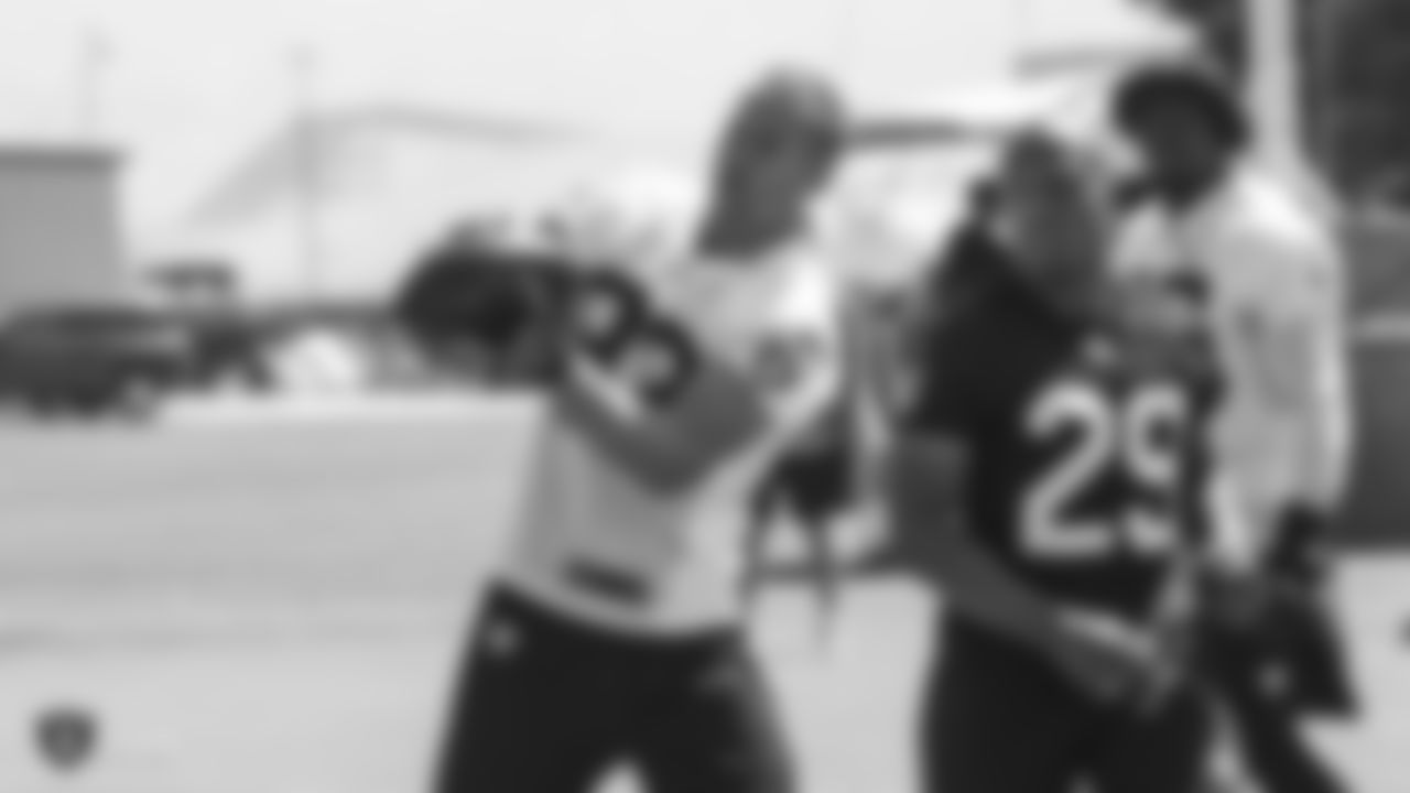 Oakland Raiders wide receiver Jordy Nelson (82) and cornerback Leon Hall (29) at a Mandatory Minicamp at the Oakland Raiders Practice Facility, Thursday, June 14, 2018, in Alameda, California.