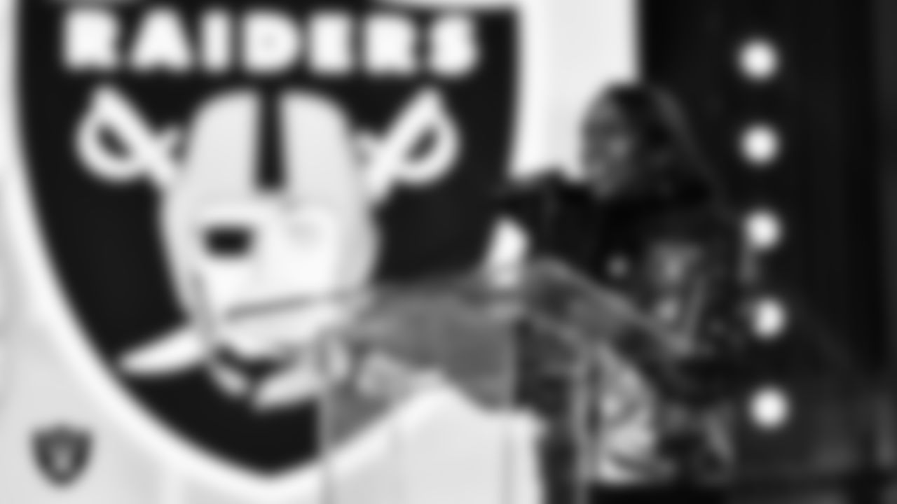 The Las Vegas Raiders Fan of the Year announces a Raiders pick during day three of the 2021 NFL Draft.