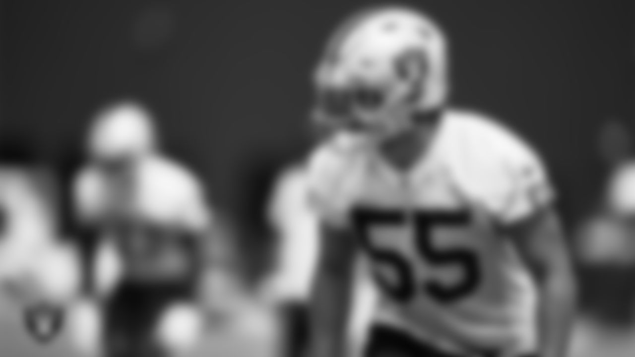 Las Vegas Raiders linebacker Tanner Muse (55) during practice at Intermountain Healthcare Performance Center.