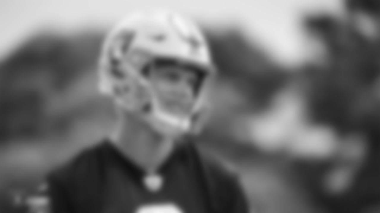 Raiders kicker Daniel Carlson (8) on the field for practice.