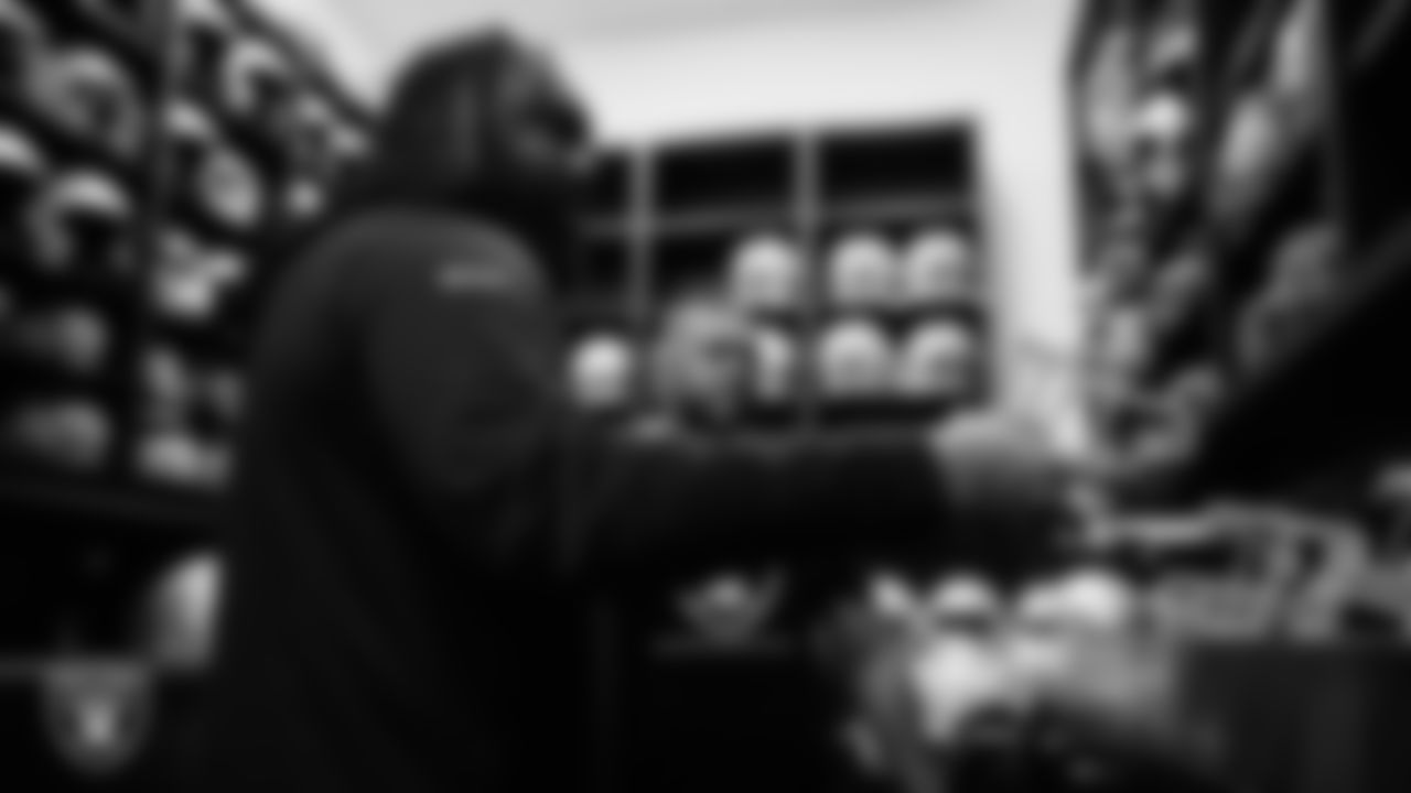 Las Vegas Raiders defensive lineman Nesta Jade Silver selects his face mask for his helmet in the equipment room at Intermountain Health Performance Center before the start of the 2023 season Rookie Minicamp.