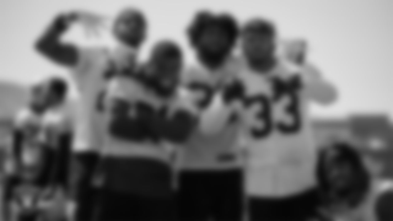 Las Vegas Raiders cornerback Casey Hayward Jr. (29), cornerback Amik Robertson (21), cornerback Nate Hobbs (39), safety Roderic Teamer (33) and cornerback Damon Arnette (20) during practice at Intermountain Healthcare Performance Center.