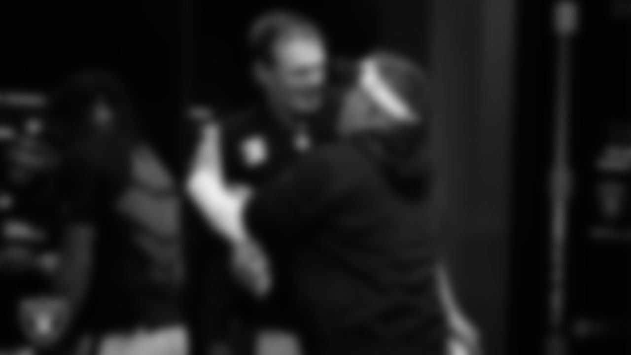 Las Vegas Raiders kicker Daniel Carlson (2) and Head Coach Josh McDaniels in the locker room after the regular season home game against the Green Bay Packers at Allegiant Stadium.