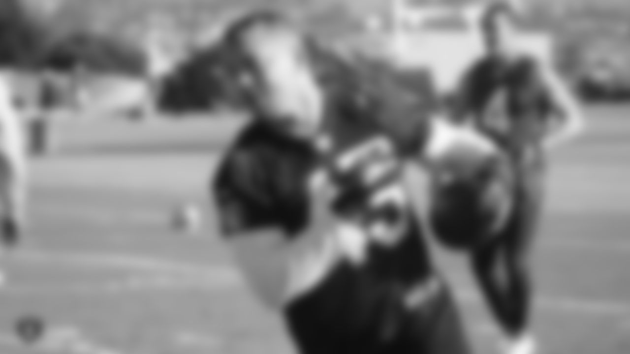 Raiders fullback Alec Ingold (45) runs after making a catch during practice.