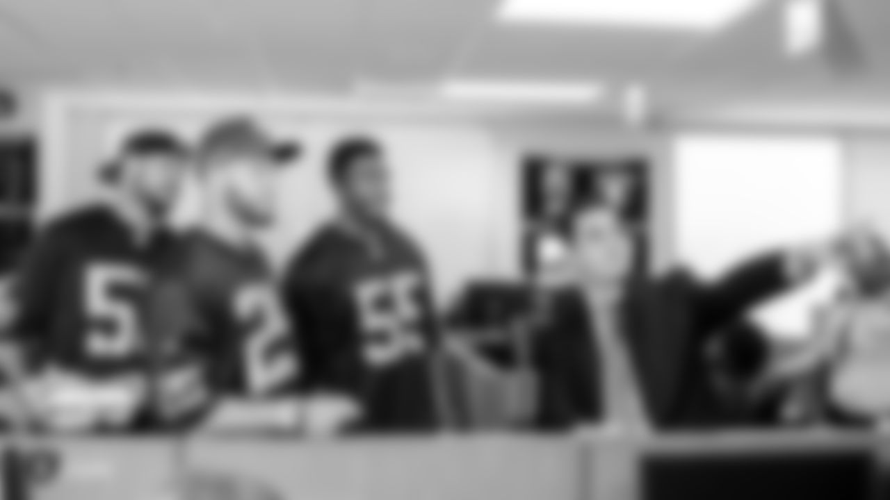 The Raiders, Golden Knights, Las Vegas Metropolitan Police Department and Clark County Fire Department team up to bring the community together in recognition of the one-year anniversary of One October by providing lunch and spending quality time with those those first responders, at Las Vegas Metropolitan Police Department, Tuesday, October 2, 2018, in Las Vegas, Nevada. Representing the Raiders are safety Erik Harris (25), linebacker Kyle Wilber (58), linebacker Marquel Lee (55), and the Raiderettes.