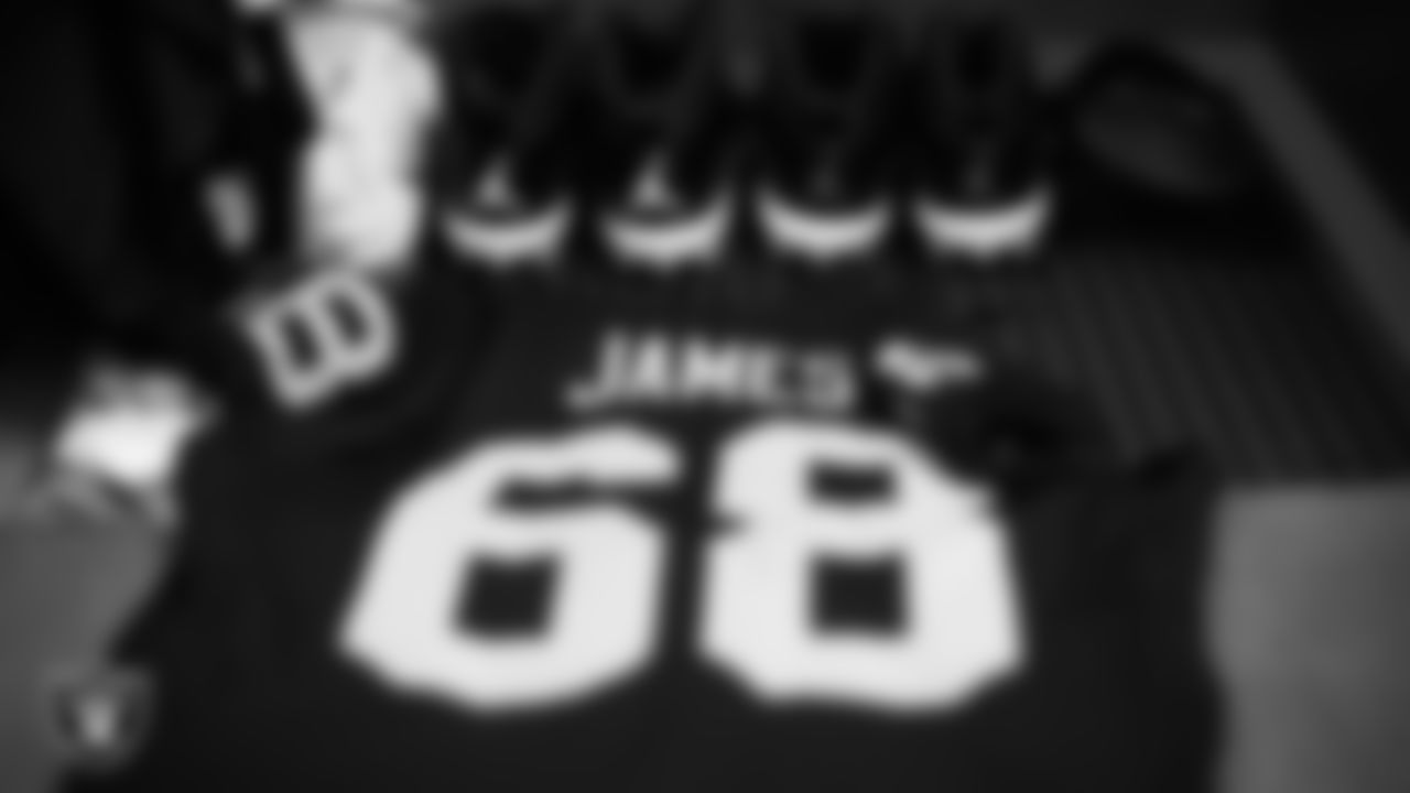 Las Vegas Raiders center Andre James' (68) jersey and cleats in the locker room prior to the Raiders' arrival for their regular season away game against the Dallas Cowboys.