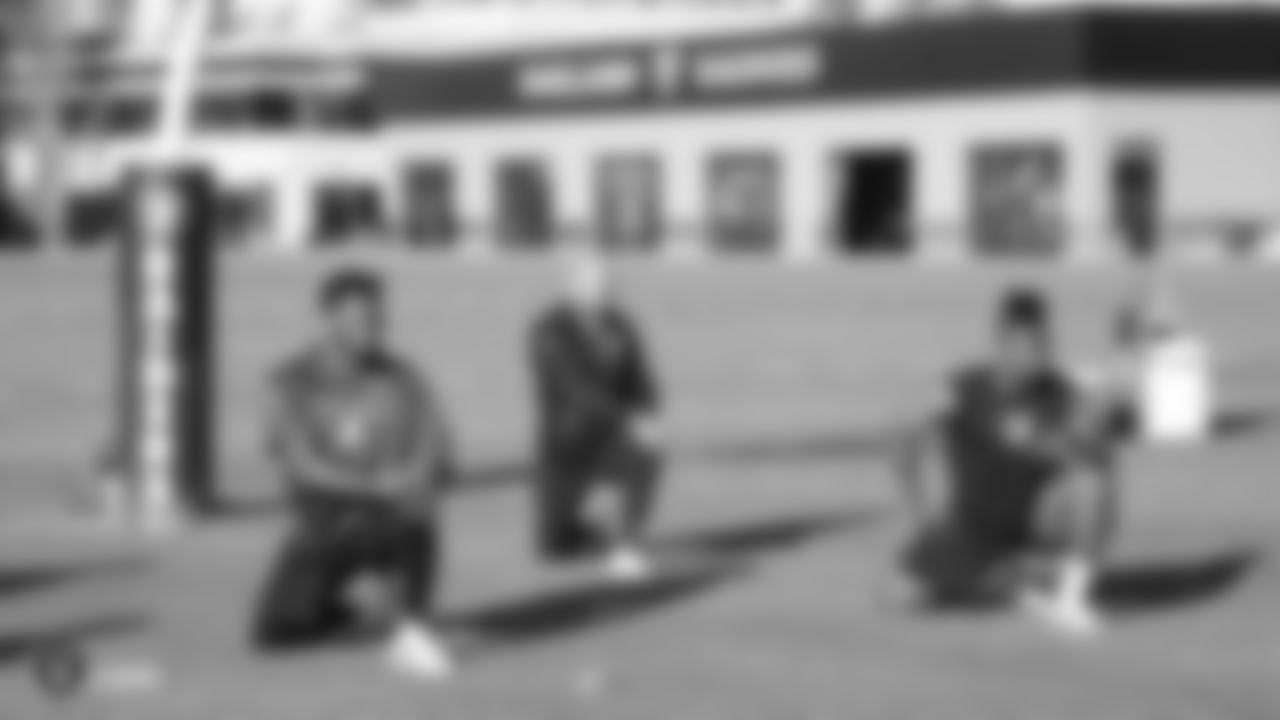 Raiders linebacker Cayson Collins, linebacker Kyle Wilber, linebacker Jason Cabinda at a workout during phase one of the offseason program at the Raiders Practice Facility in Alameda, Calif.