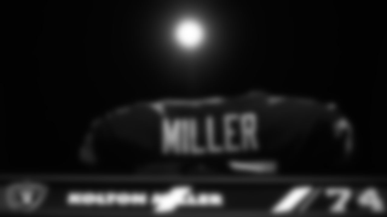 Las Vegas Raiders tackle Kolton Miller's (74) pads in the locker room prior to the Raiders' arrival for their regular season home game against the Los Angeles Chargers.