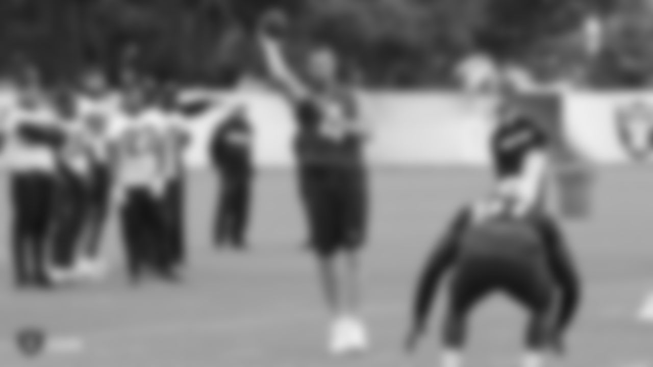 Raiders quarterback Derek Carr (4) at an Organized Team Activity (OTA) at the Raiders Practice Facility in Alameda, Calif.