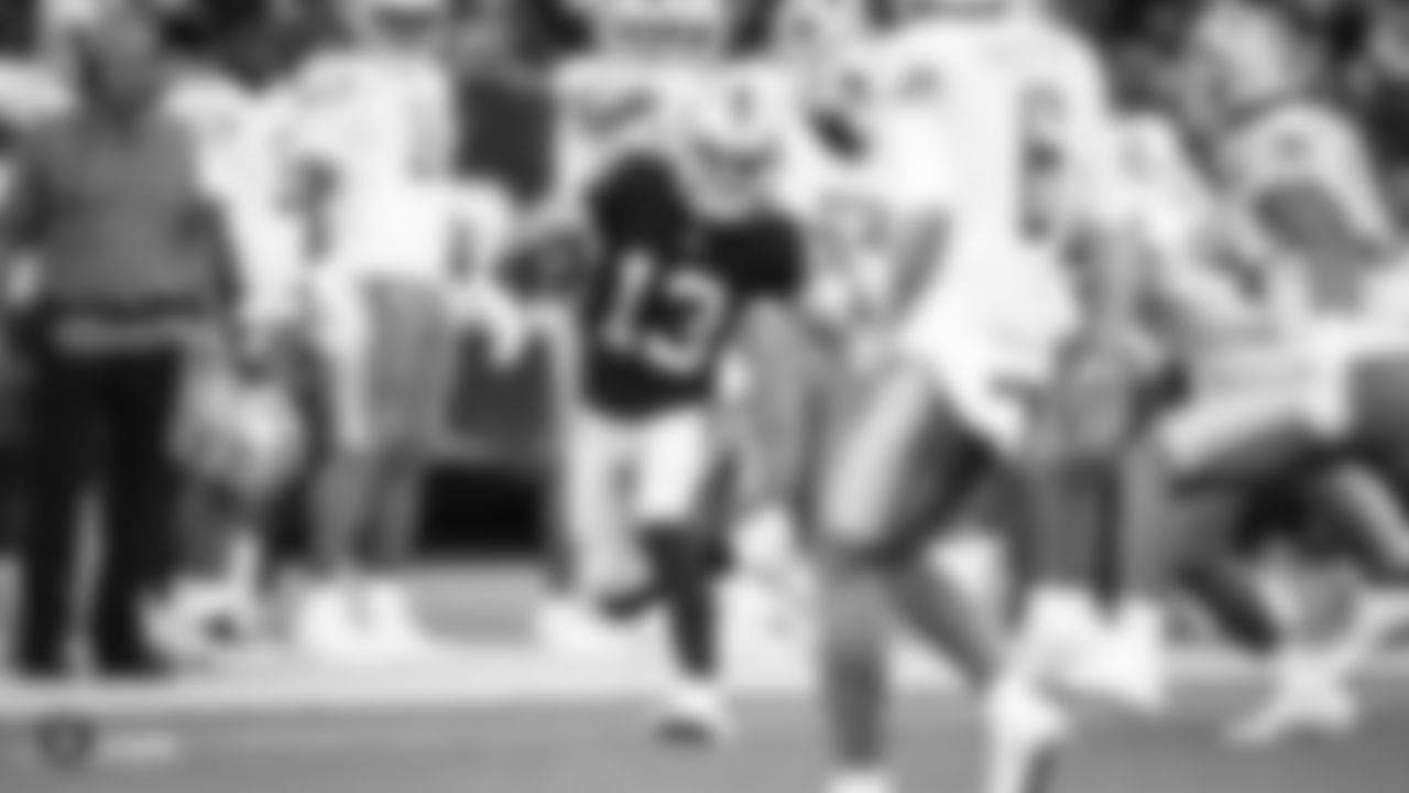 Oakland Raiders wide receiver Griff Whalen (13) runs upfield during The Oakland Raiders preseason game against the Detroit Lions at Oakland-Alameda County Coliseum, Friday, August 10, 2018, in Oakland, California. The Oakland Raiders won 16-10.