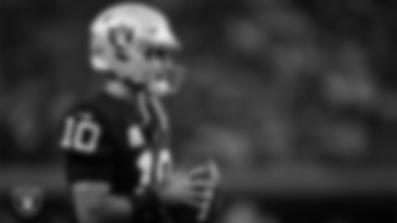 Las Vegas Raiders quarterback Jimmy Garoppolo (10) on the sidelines during the regular season home game against the Pittsburgh Steelers at Allegiant Stadium.