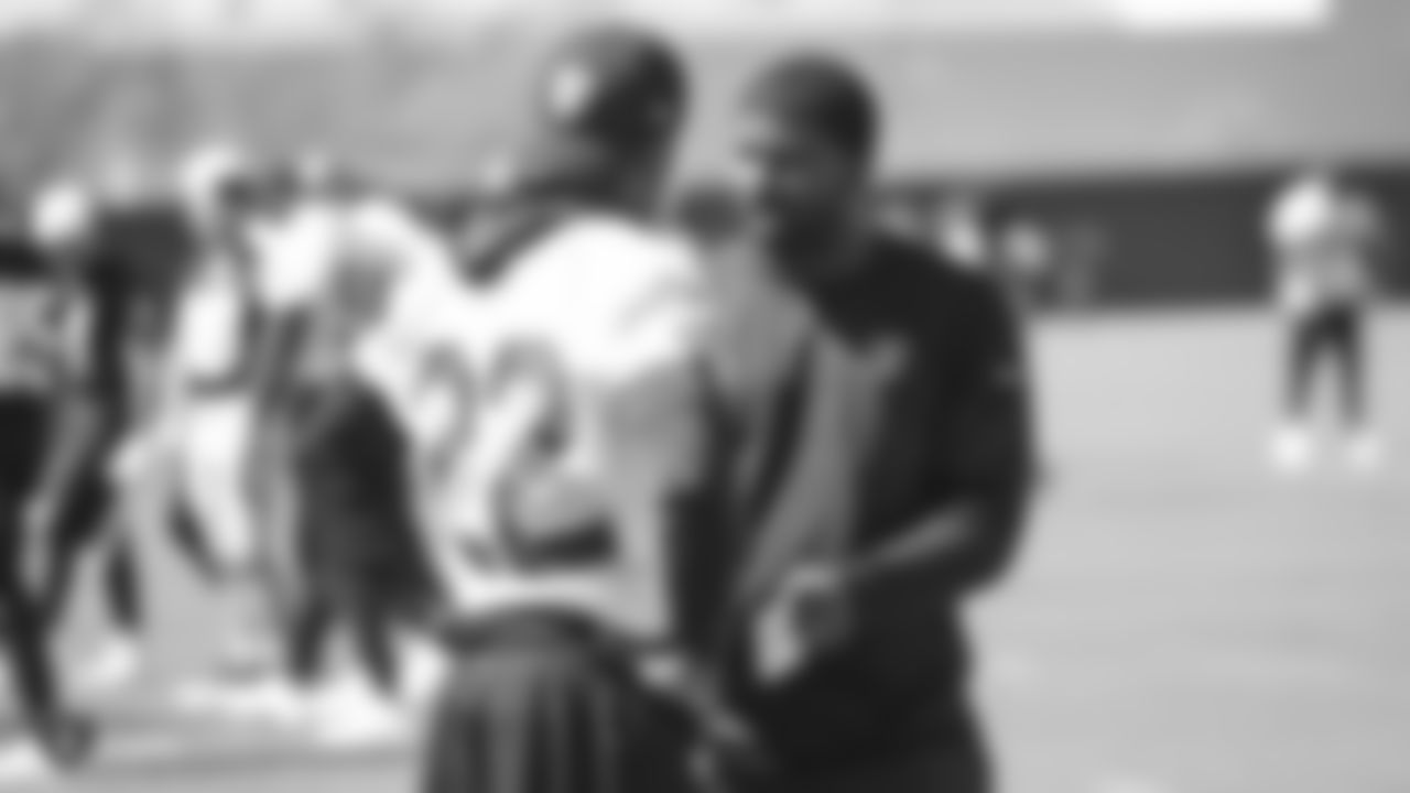 Oakland Raiders cornerback Rashaan Melvin (22) and defensive backs coach Derrick Ansley on the field for practice at the Oakland Raiders Practice Facility, Saturday, September 7, 2018, in Alameda, California.