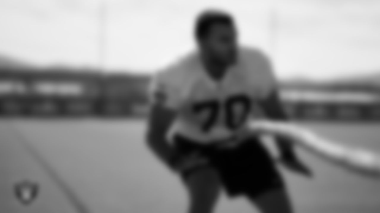 Las Vegas Raiders tackle Sebastian Gutierrez (70) during practice at Intermountain Healthcare Performance Center.