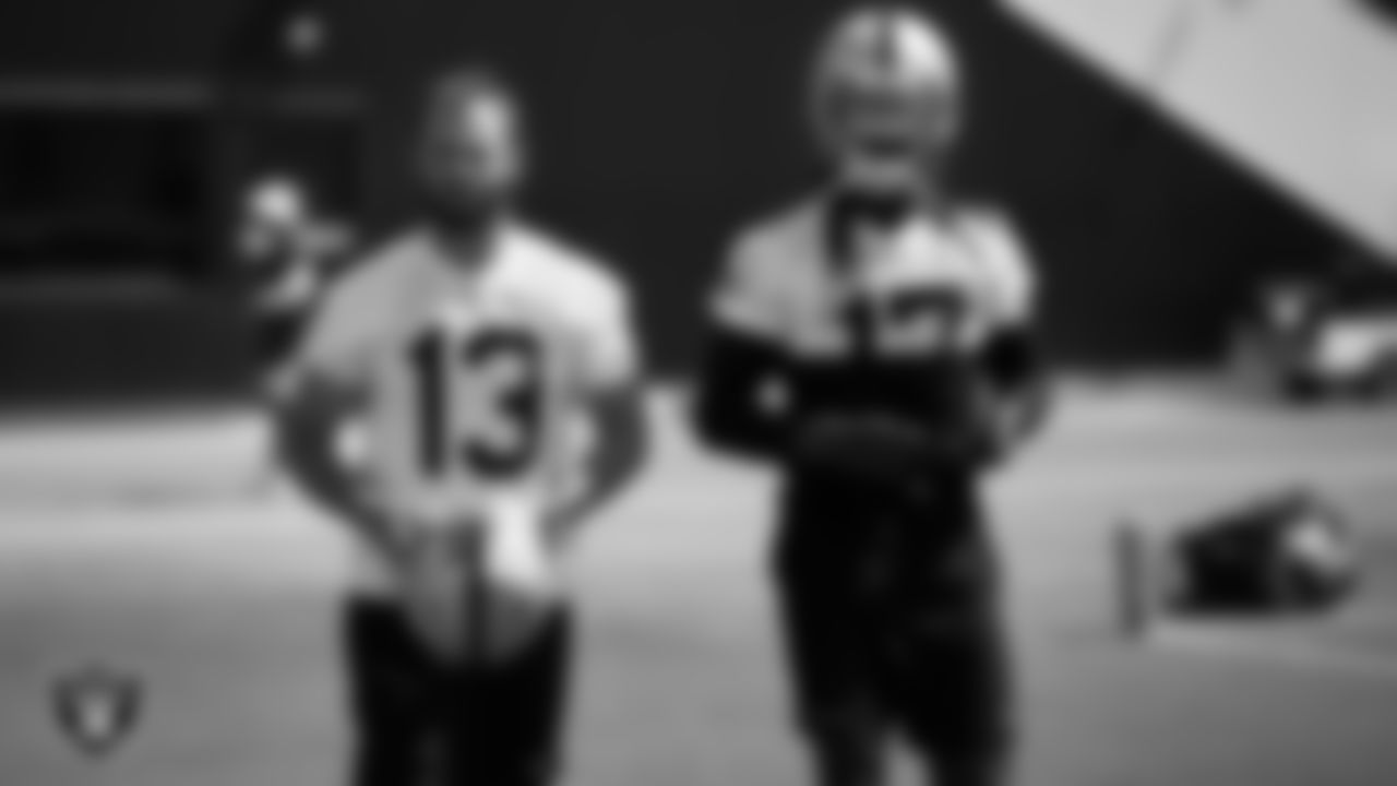 Las Vegas Raiders wide receiver Hunter Renfrow (13) and wide receiver Davante Adams (17) at an Organized Team Activity (OTA) at Intermountain Health Performance Center.