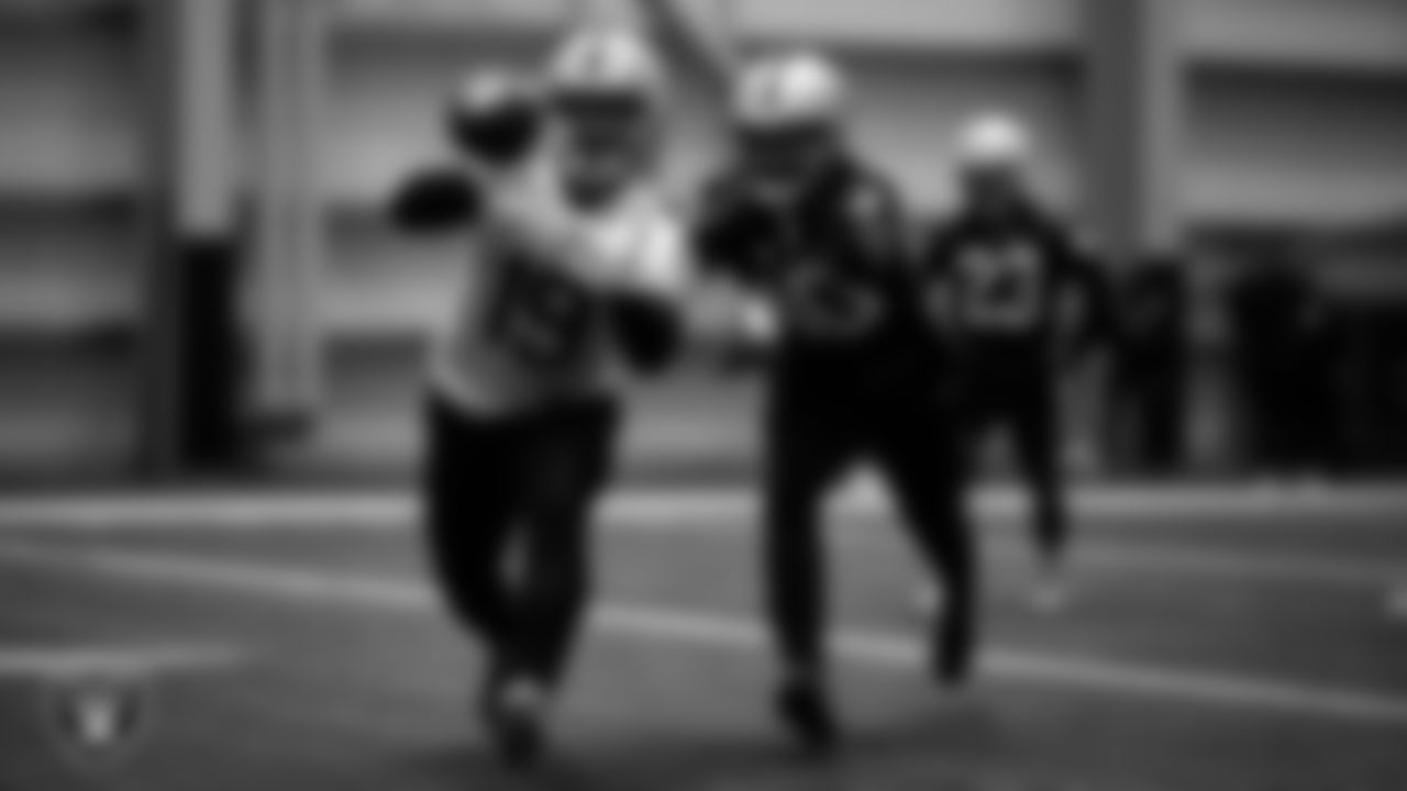 Las Vegas Raiders wide receiver DJ Turner (19) and safety Jalen Elliott (40) during practice at Intermountain Healthcare Performance Center, Thursday, January 6, 2022, in Henderson , Nev.