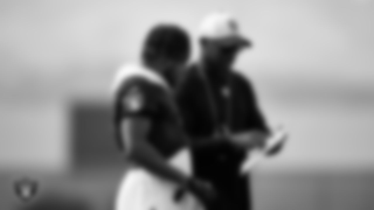 Las Vegas Raiders wide receiver DeSean Jackson (1) and wide receivers coach Edgar Bennett during practice at Intermountain Healthcare Performance Center.