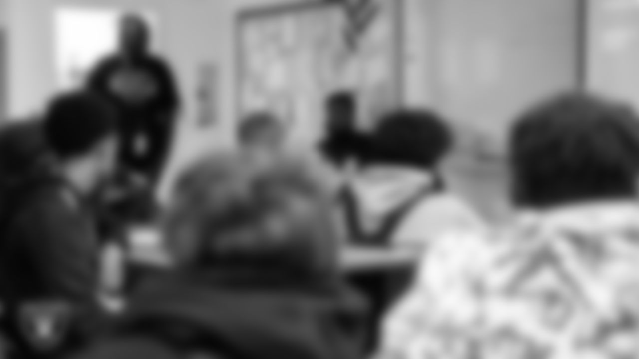 Las Vegas Raiders defensive tackle Matthew Butler (94) talks about his experiences in middle school to the Hip Hop Entrepreneurship class.