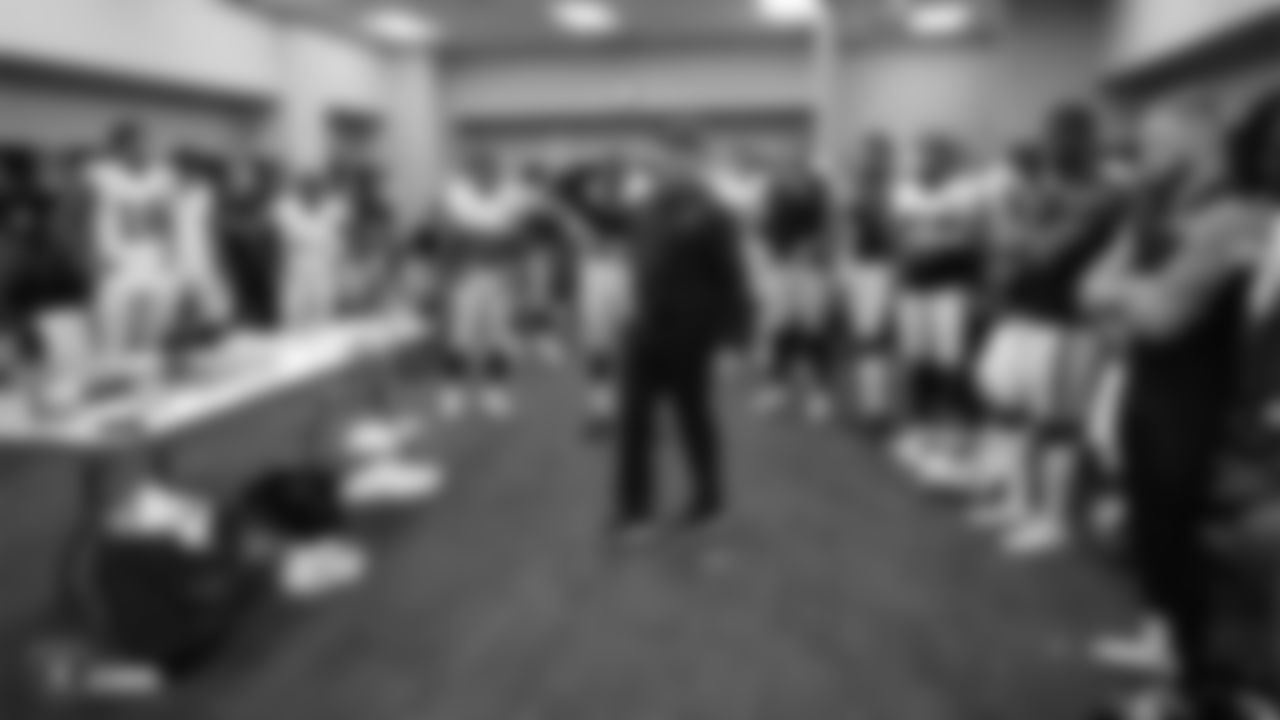 Oakland Raiders Head Coach Jon Gruden addresses his players after the Oakland Raiders regular season game against the Indianapolis Colts.