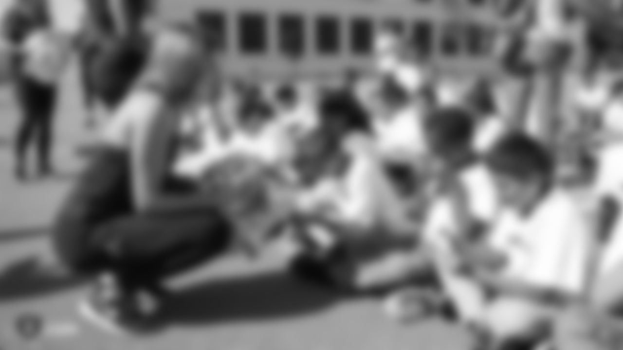 The Oakland Raiders, represented by players Alec Ingold, Isaiah Johnson, Trent Sieg, Darren Waller, and Kyle Wilber, along with the Raiderettes, collaborate with Playworks to promote Play 60's message to students of being active for sixty minutes everyday.