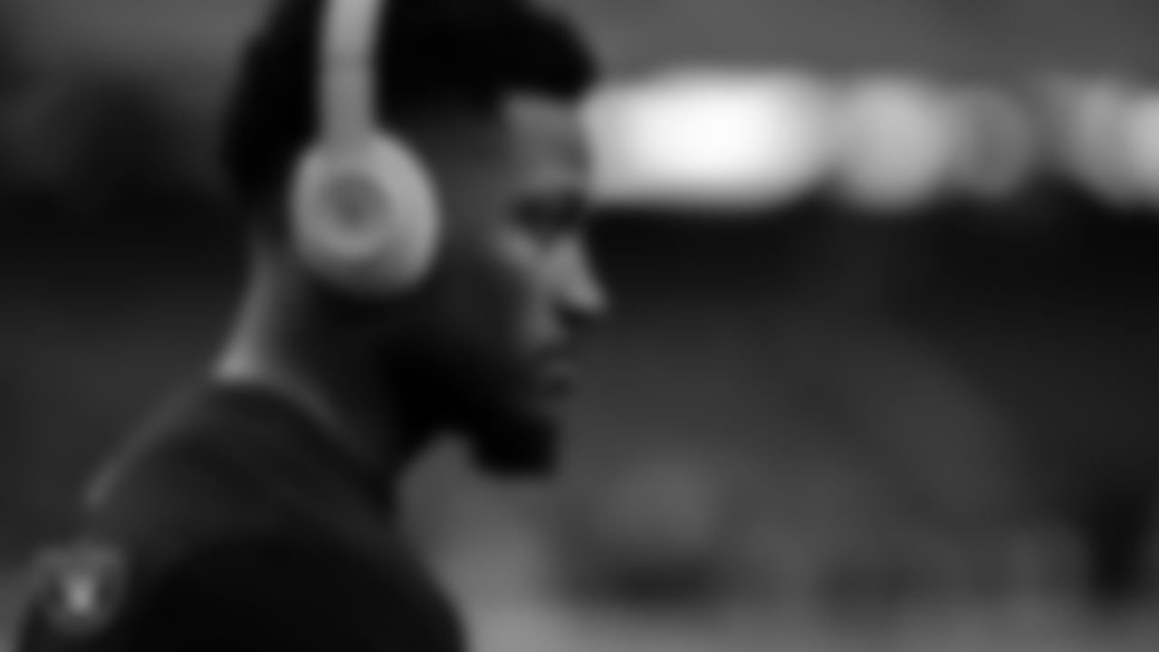 Las Vegas Raiders cornerback Sam Webb (27) warming up before the regular season home game against the New England Patriots at Allegiant Stadium.