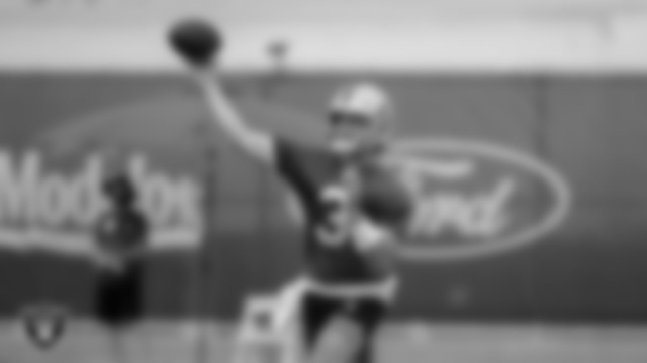 Las Vegas Raiders quarterback Jarrett Stidham (3) on the field for practice at 2022 Training Camp at Intermountain Healthcare Performance Center.