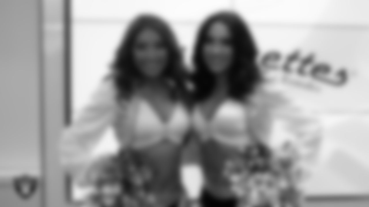 Raiderettess Katsura and Kylie in the locker room before the regular season home game against the Arizona Cardinals at Allegiant Stadium.