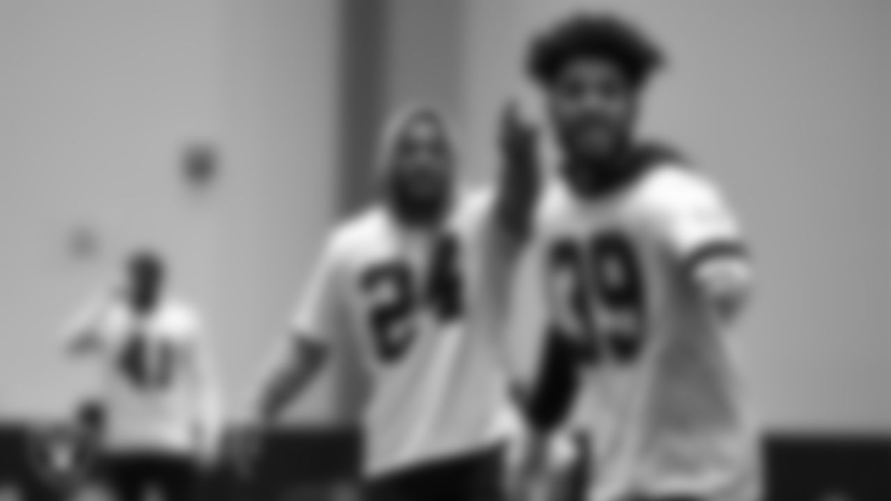 Las Vegas Raiders safety Johnathan Abram (24) and defensive back Jordan Brown (39) on the field for a walk through at 2020 Training Camp