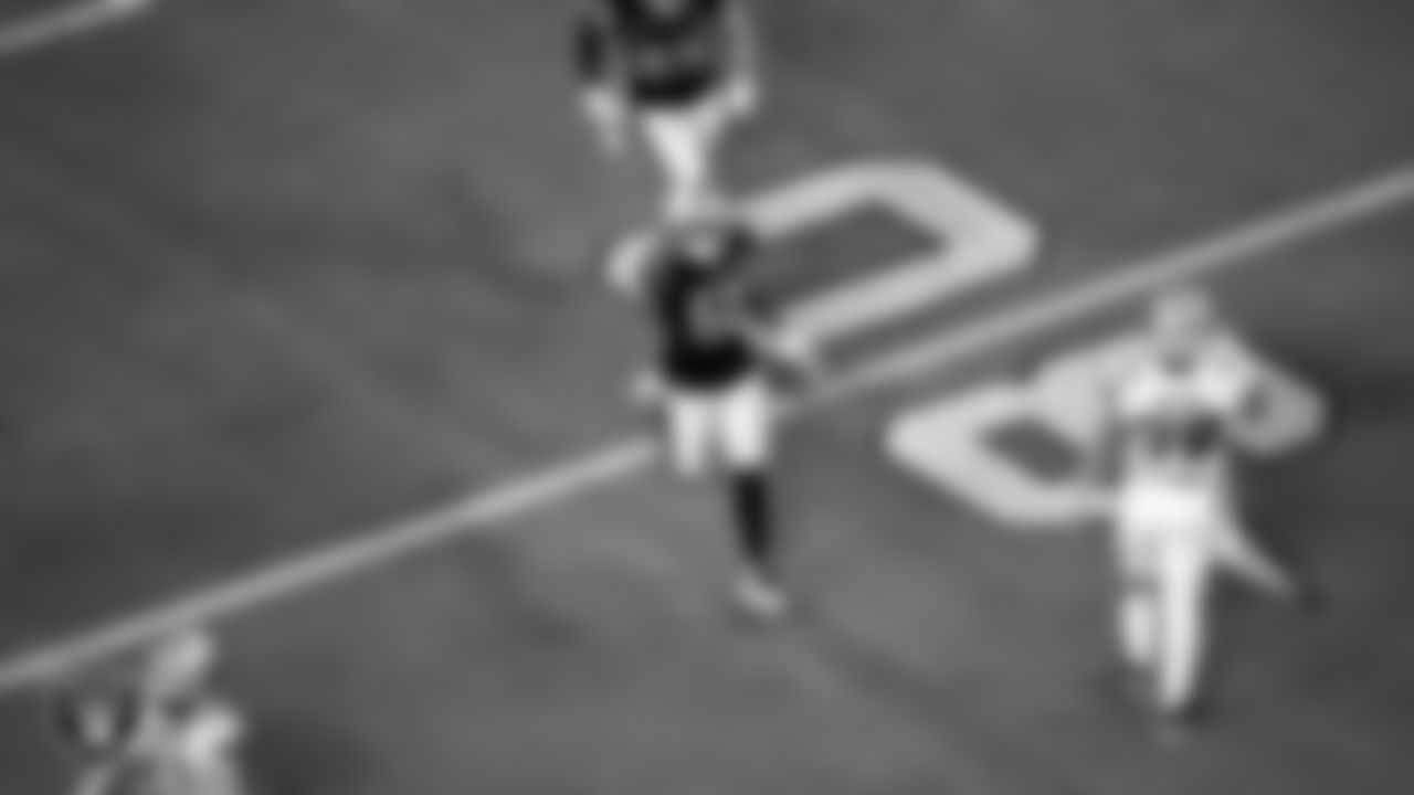 Las Vegas Raiders linebacker Nicholas Morrow (50) celebrates after intercepting a pass during the regular season home game against the New Orleans Saints.