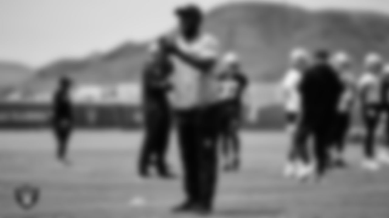 Las Vegas Raiders assistant defensive backs coach Addison Lynch at an Organized Team Activity (OTA).