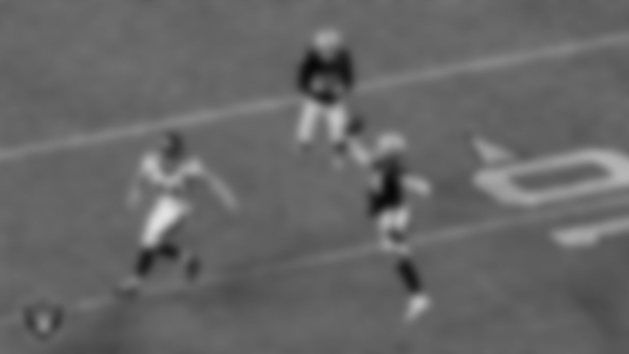 Las Vegas Raiders linebacker Nick Kwiatkoski (44) intercepts a pass during the regular season home game against the Denver Broncos.