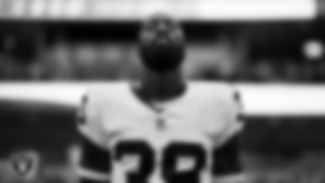 Las Vegas Raiders cornerback Nate Hobbs (39) during the national anthem before the preseason away game against the Los Angeles Rams at Sofi Stadium.
