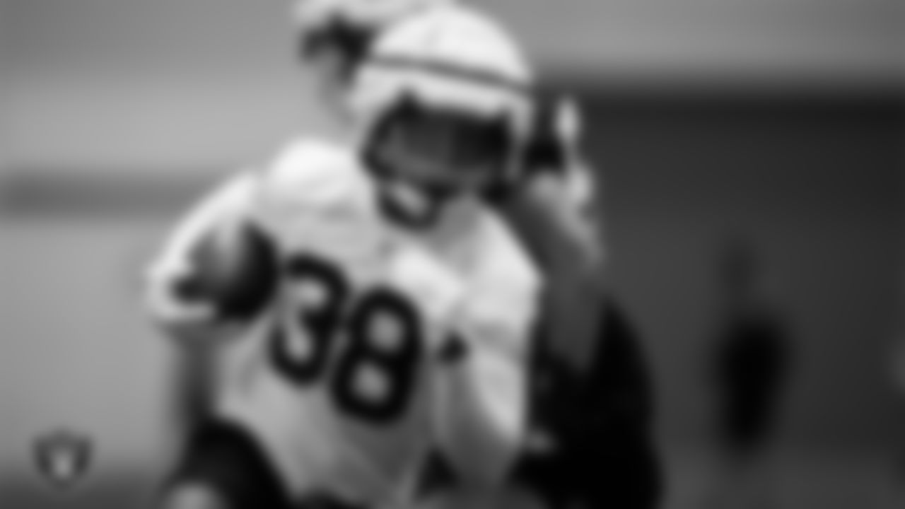 Las Vegas Raiders running back Brittain Brown (38) on the field for practice at 2023 Training Camp at Intermountain Health Performance Center.