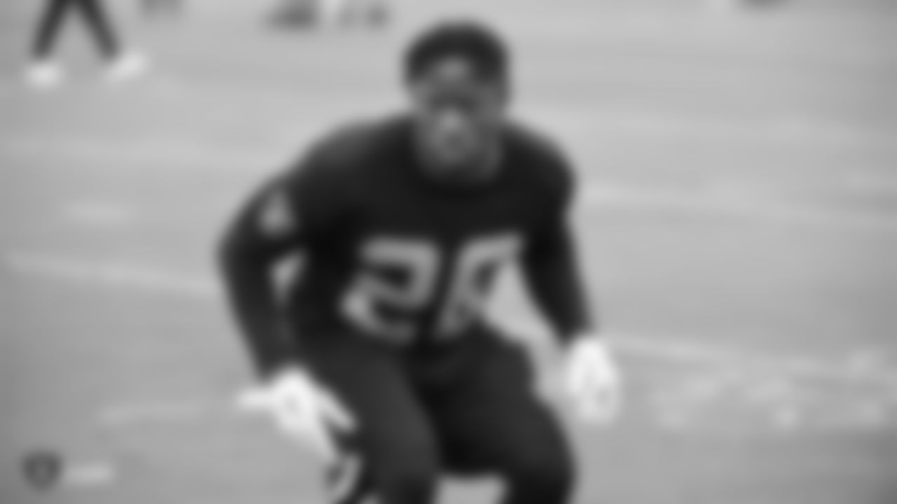 Raiders cornerback Nevin Lawson (26) at a workout during phase two of the offseason program at the Raiders Practice Facility in Alameda, Calif.