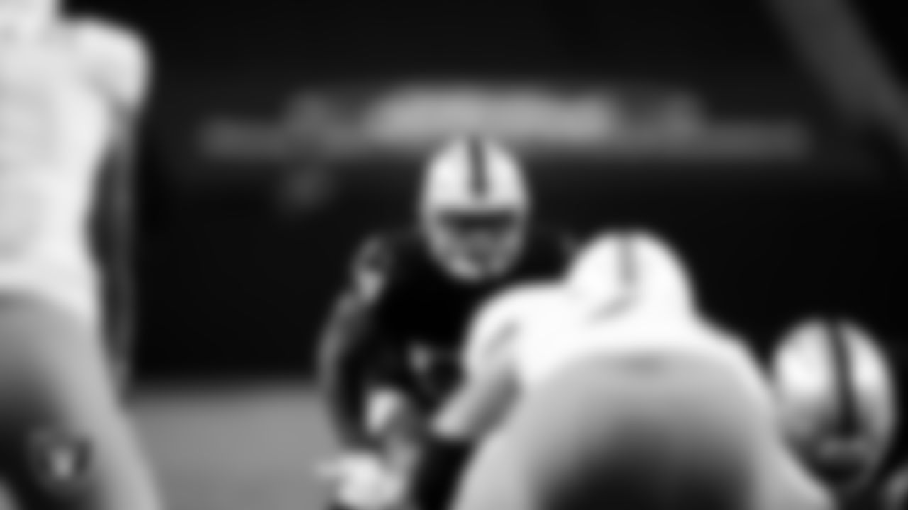 Las Vegas Raiders linebacker Raekwon McMillan (54) eyes the quarterback during the regular season home game against the Miami Dolphins.