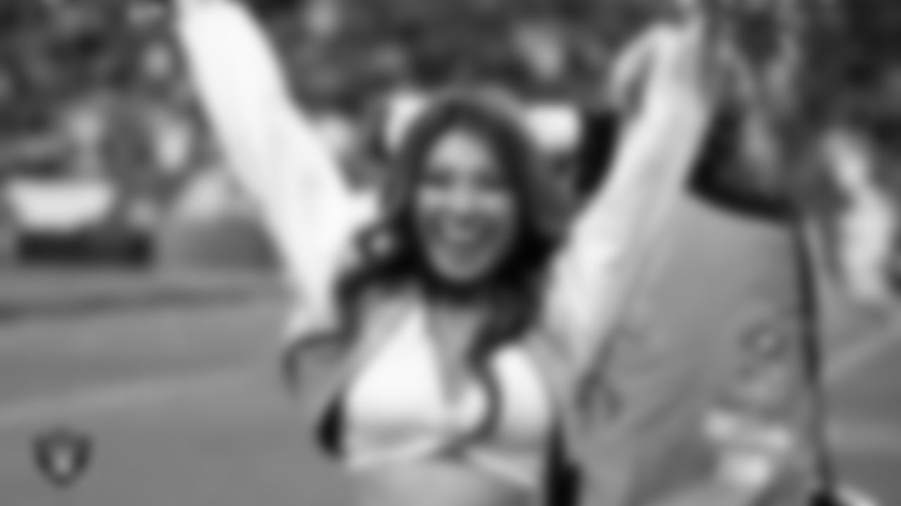Raiderette Katsura on the sidelines during the regular season home game against the Los Angeles Chargers at Allegiant Stadium.