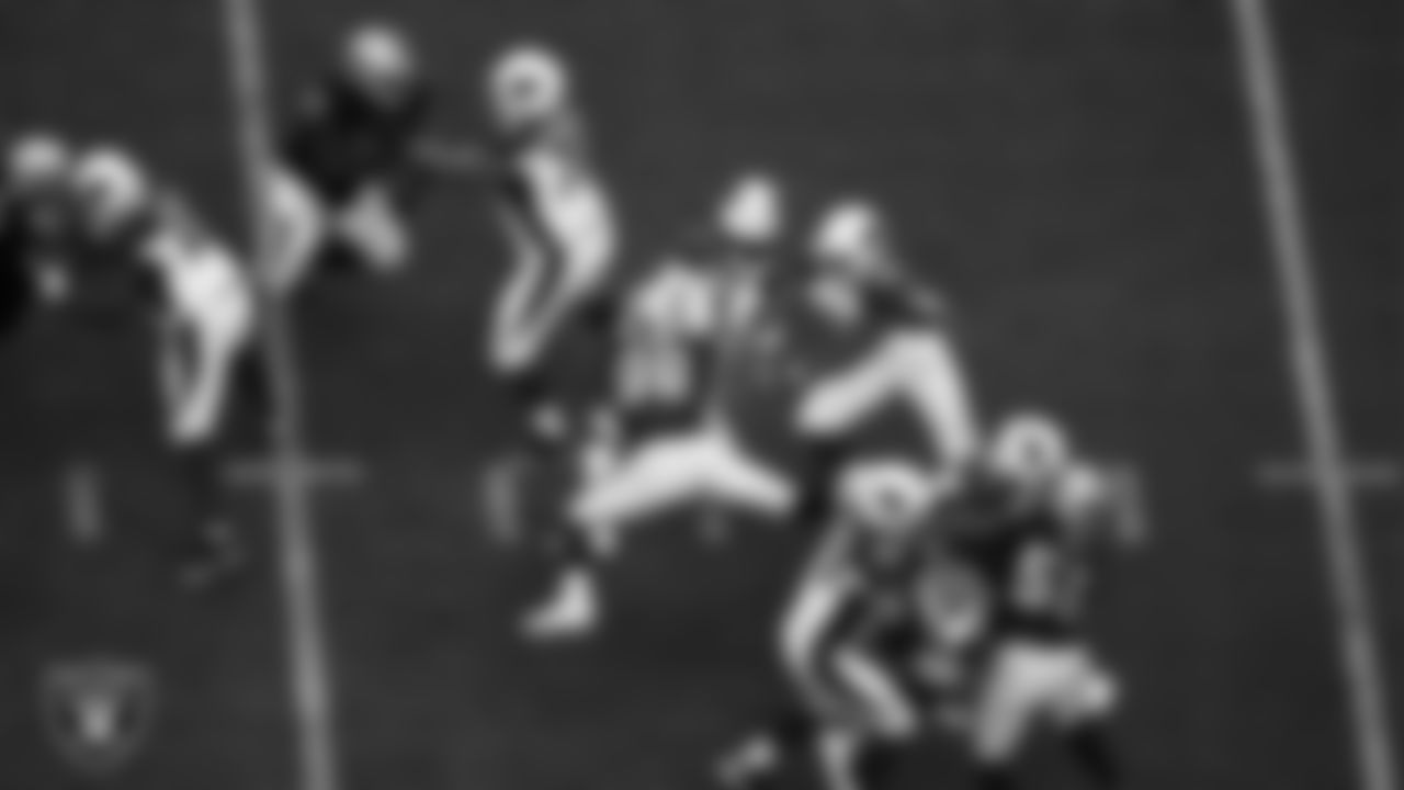 Las Vegas Raiders defensive end Maxx Crosby (98) sacks the quarterback during the regular season home game against the Arizona Cardinals at Allegiant Stadium.
