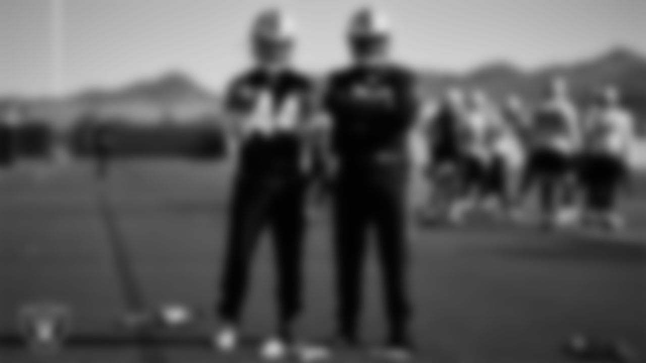 Las Vegas Raiders safety Bryce Cosby (44) and linebacker Darien Butler (58) during practice at Intermountain Healthcare Performance Center.