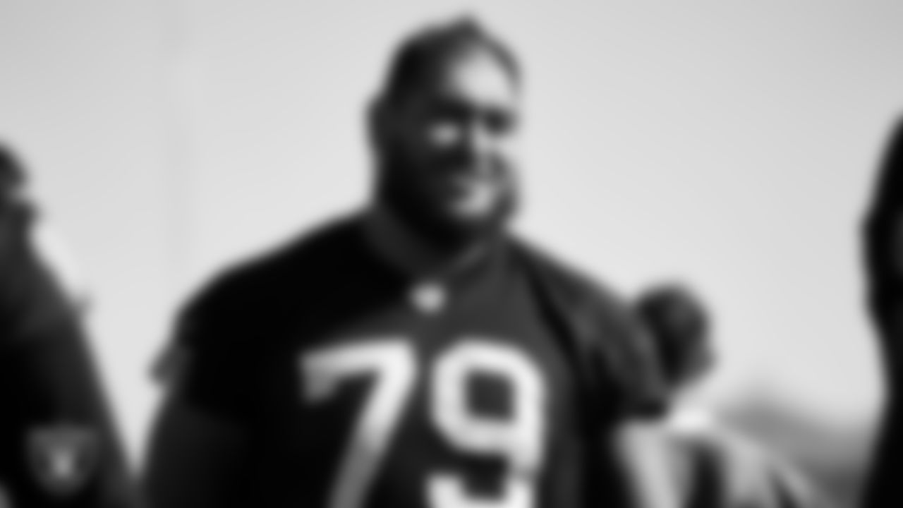 Las Vegas Raiders offensive lineman Jeremiah Poutasi (79) during practice at Intermountain Healthcare Performance Center.