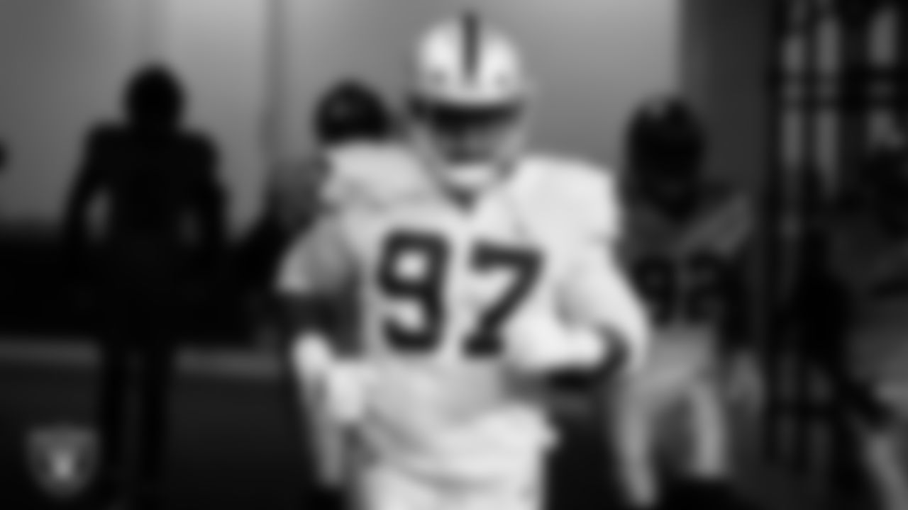 Las Vegas Raiders defensive tackle Damion Square (97) walks down the tunnel before the regular season away game against the Indianapolis Colts.