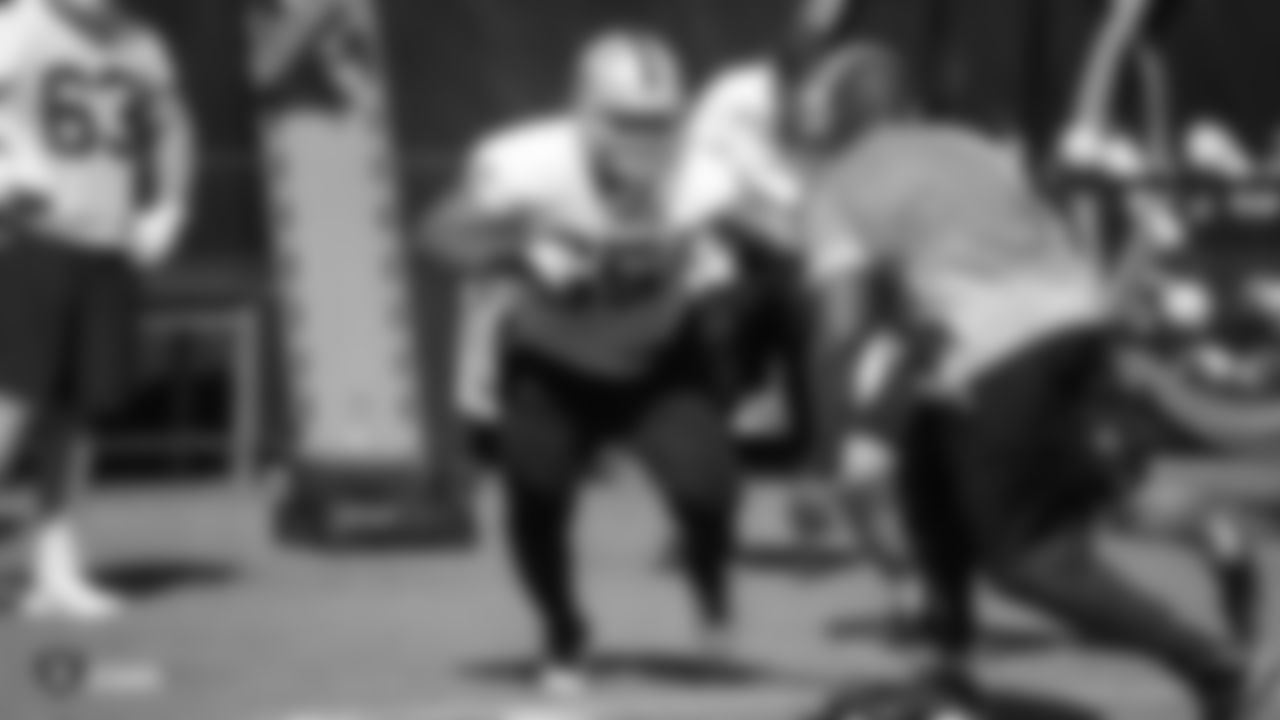 Oakland Raiders offensive guard Jordan Simmons (65) on the field for practice at 2018 Pre-Training Camp at The Oakland Raiders Napa Valley Training Complex, Wednesday, July 25, 2018, in Napa, California.