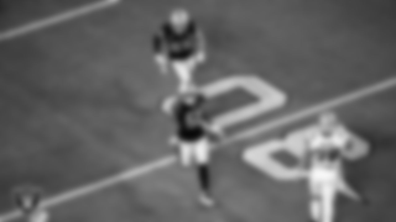 Las Vegas Raiders linebacker Nicholas Morrow (50) celebrates after intercepting a pass during the regular season home game against the New Orleans Saints.