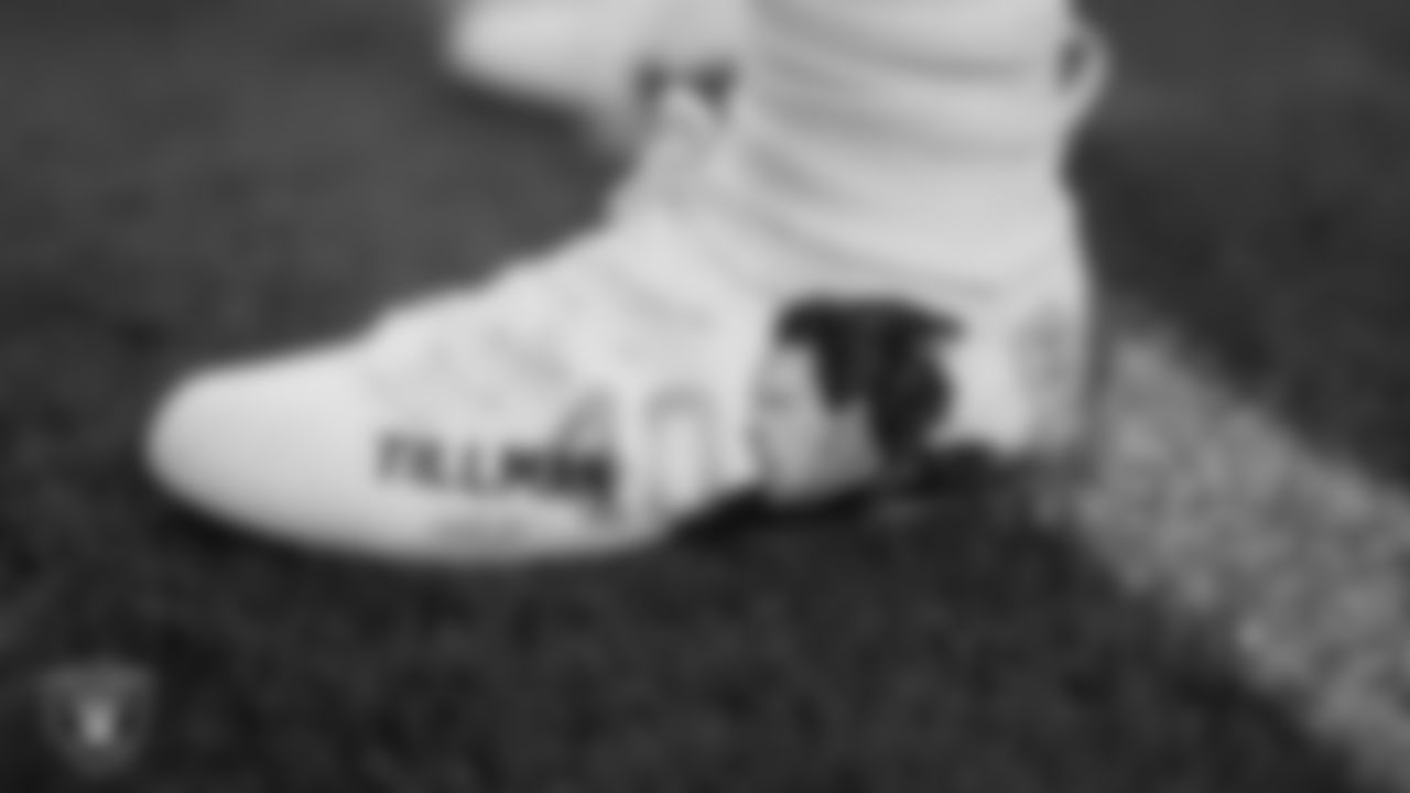 Las Vegas Raiders running back Josh Jacobs' (28) cleats during warm ups before the regular season home game against the Kansas City Chiefs.