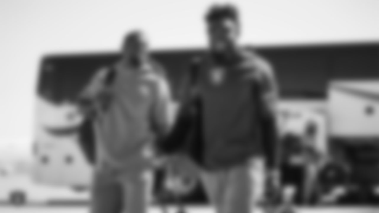 Raiders safety Lamarcus Joyner (29) and safety Karl Joseph (42) depart for the game against the Minnesota Vikings.