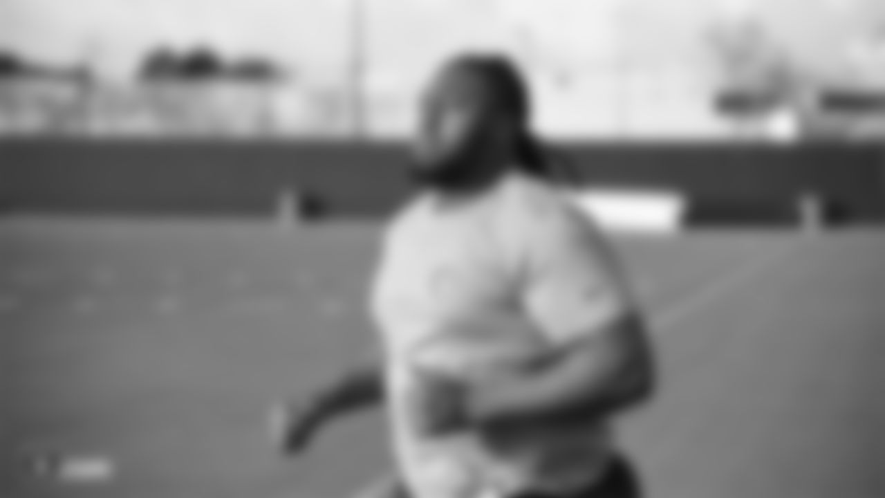Raiders defensive tackle P.J. Hall at a workout during phase one of the offseason program at the Raiders Practice Facility in Alameda, Calif.